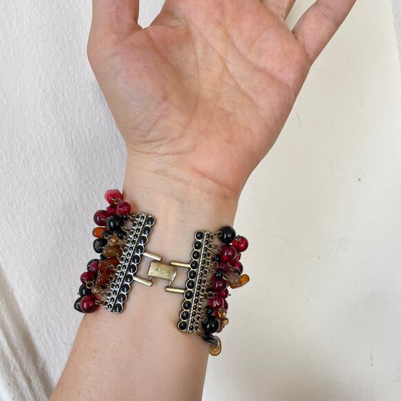 VTG Giant Murano Glass Bead Multi-Stand Chain Bracelet Wide Red Boho 70s Cuff - Picture 7 of 7